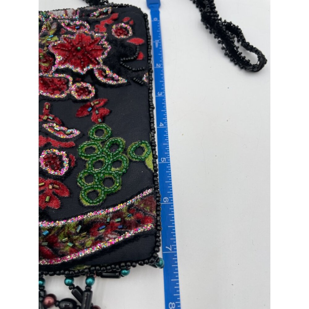 Black Velvet Beaded Crossbody Bag Floral Embroidery Fringe Accents 21" Strap Dro - Picture 3 of 5